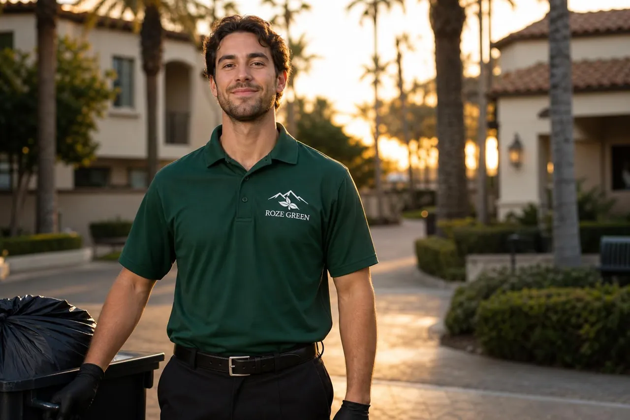 Professional Roze Green valet trash attendant in a green branded uniform collecting a valet trash container at a luxury Southern California apartment community at sunset