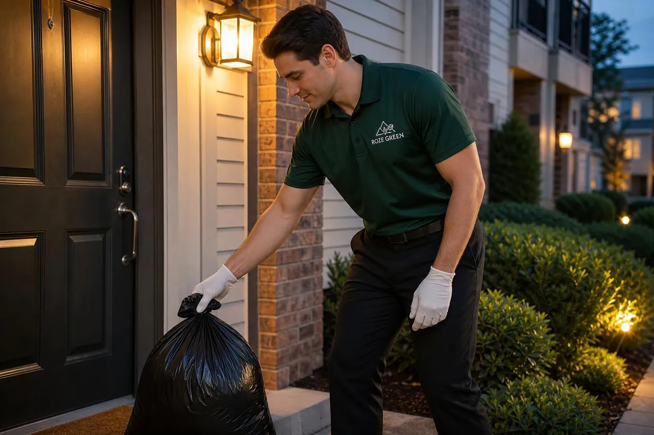 Uniformed Roze Green attendant collecting a tied trash bag from an apartment doorstep at dusk